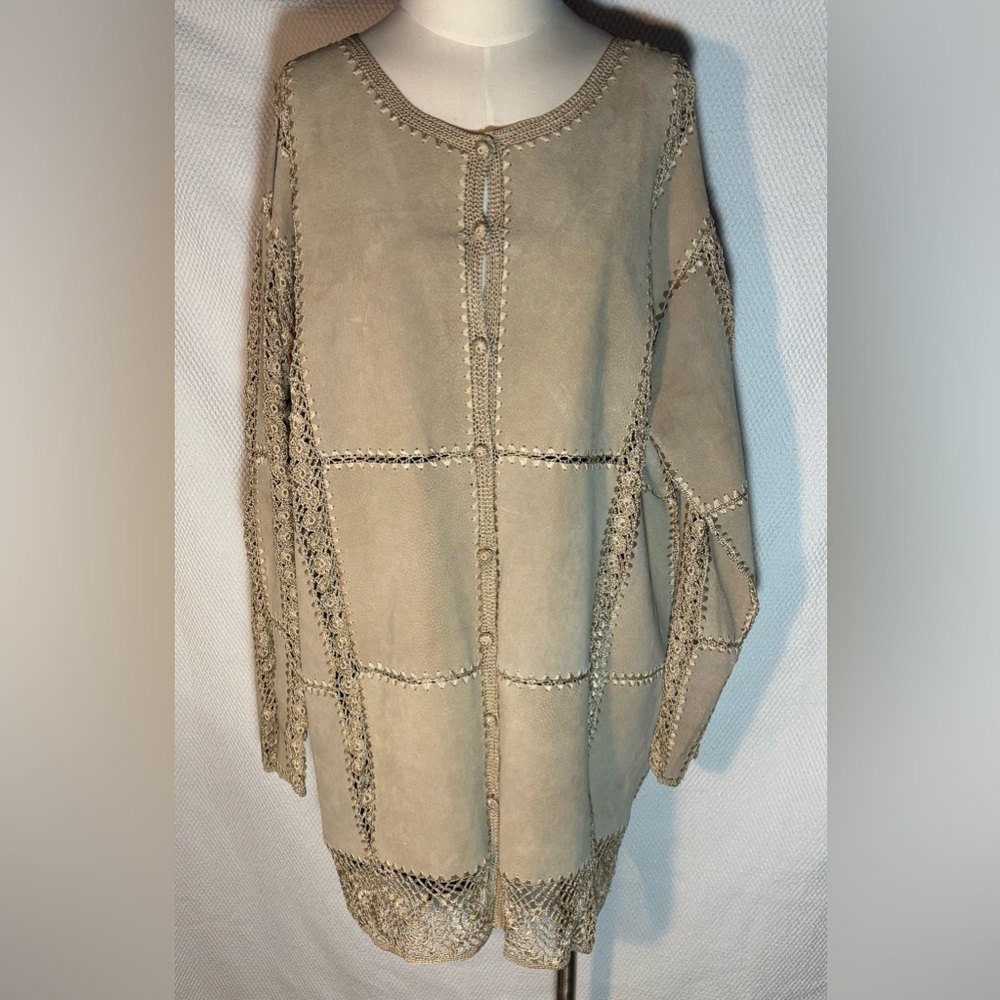 Suede and Crochet Button Down Jacket Sz XXL Bohemian Festival Vibes Unbranded